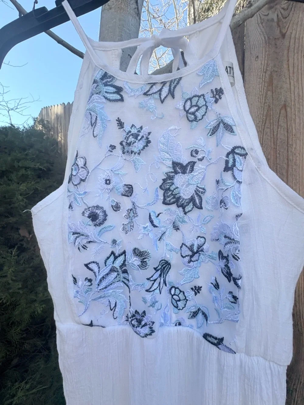 NWOT Embroidered White and Blue Gauze Maxi Dress, sz S